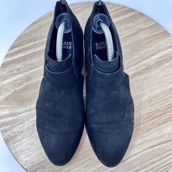 Eileen Fisher LISBON Booties Black Nubuck Cut Out Block Heel Women’s 7 - Picture 2 of 11